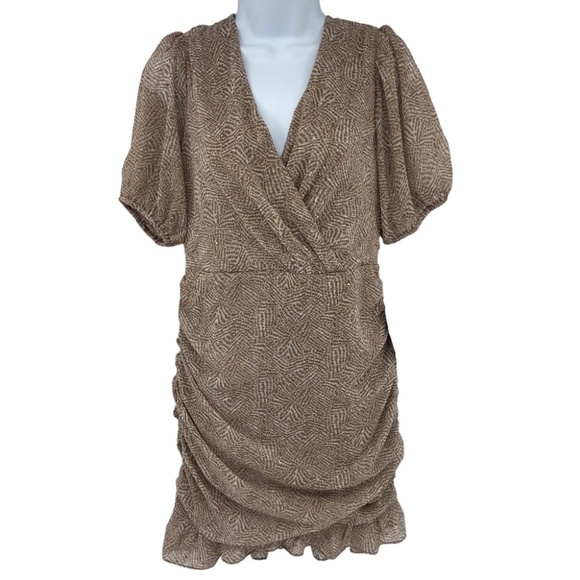 Lush Ruched Faux Wrap Mini Dress in Chocolate Abstract Print Size Medium NWT - Picture 2 of 12